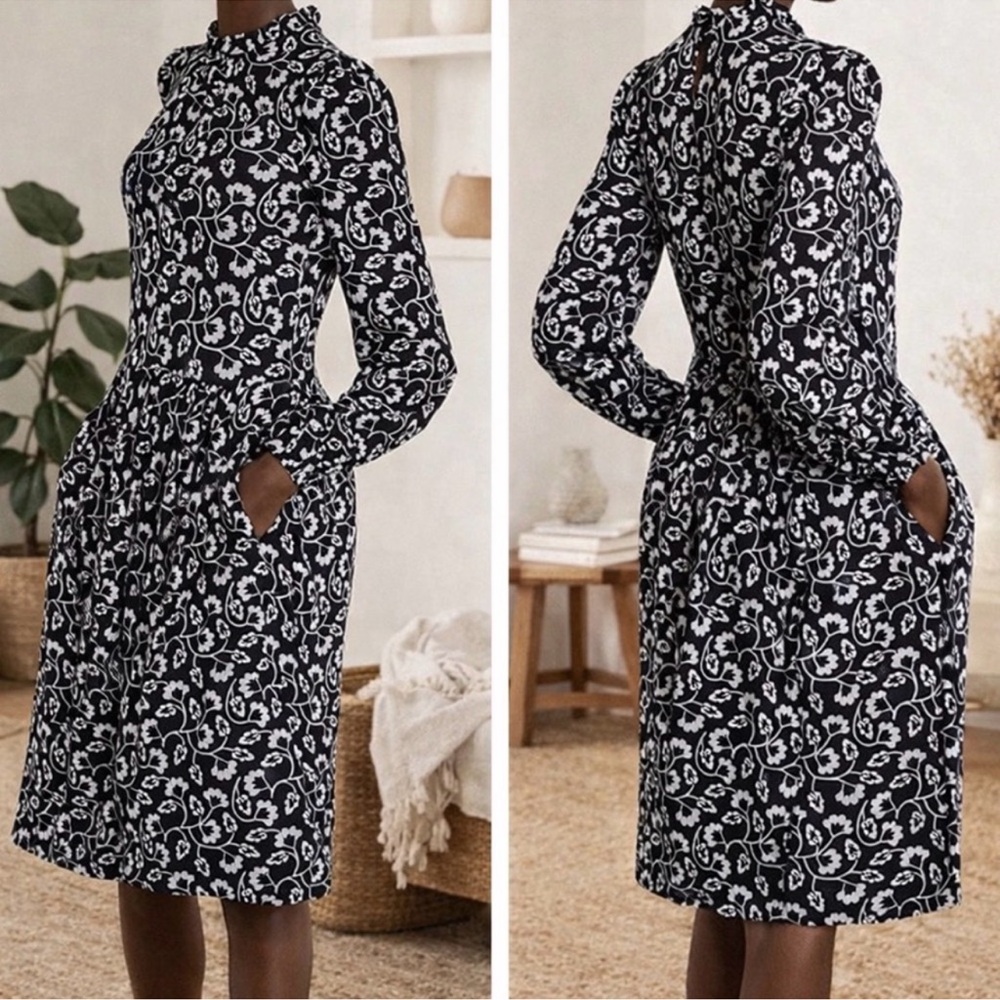 Boden Black White Floral Leaf Clara Monochrome Jersey Shirt Dress